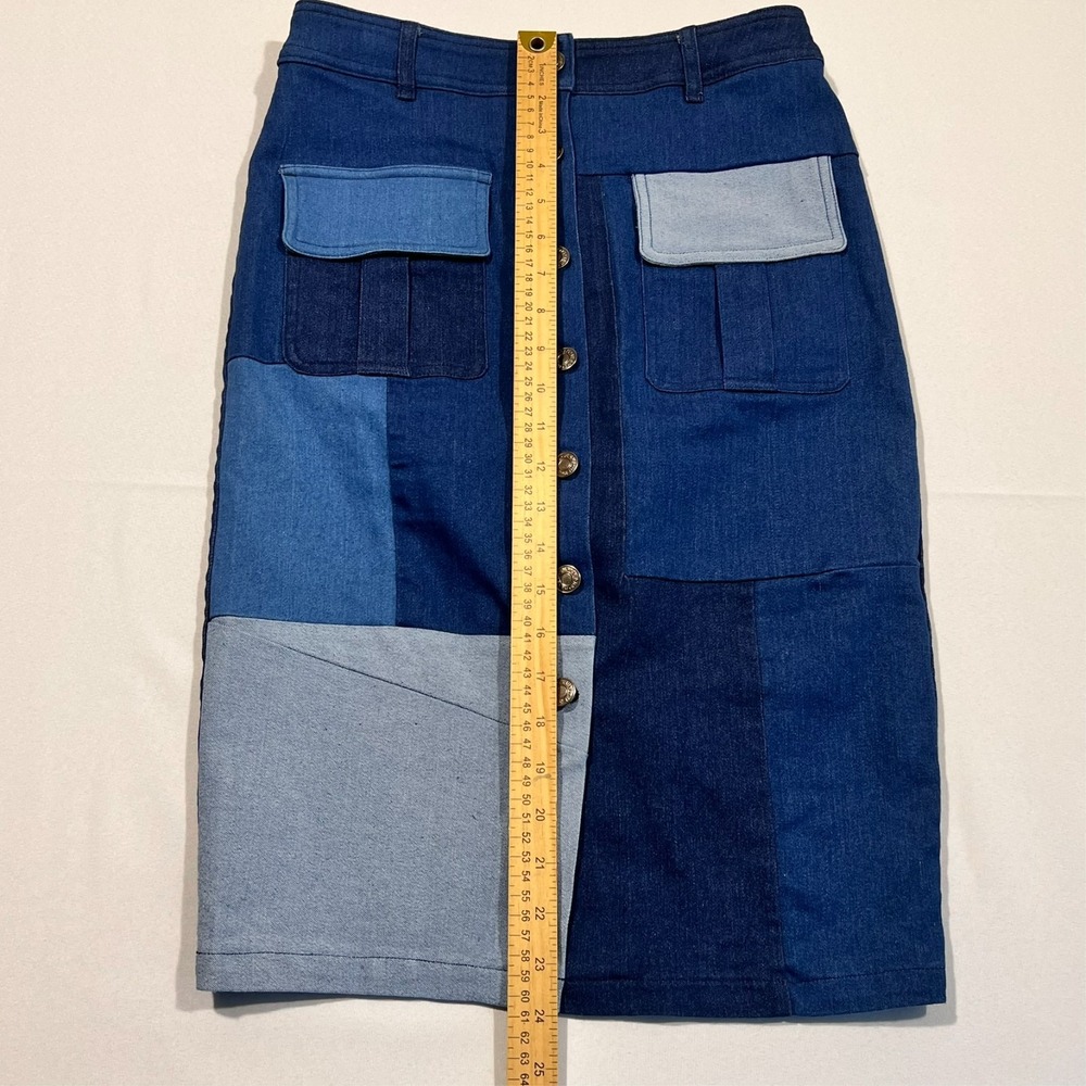 Gracia Skirt Blue Patchwork Denim Button Front Western Midi Women's Small - Picture 5 of 10